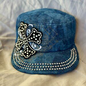 Hat~Rhinestone~Short Cross~Cadet style~adjustable velcro back